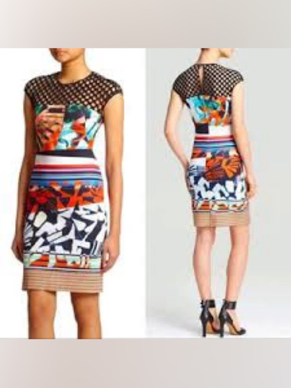 Clover Canyon Multicolor Printed Cap-Sleeve Sheath with Black Lattice Yoke